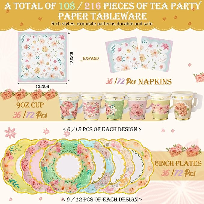 Yungyan 216 Pcs Tea Party Plates and Napkins Sets Serve 72 Guests Floral Disposable Tea Party Supplies Paper 6" Plates and Napkins and 9 oz Cups with Handle for Garden Spring Birthday Wedding