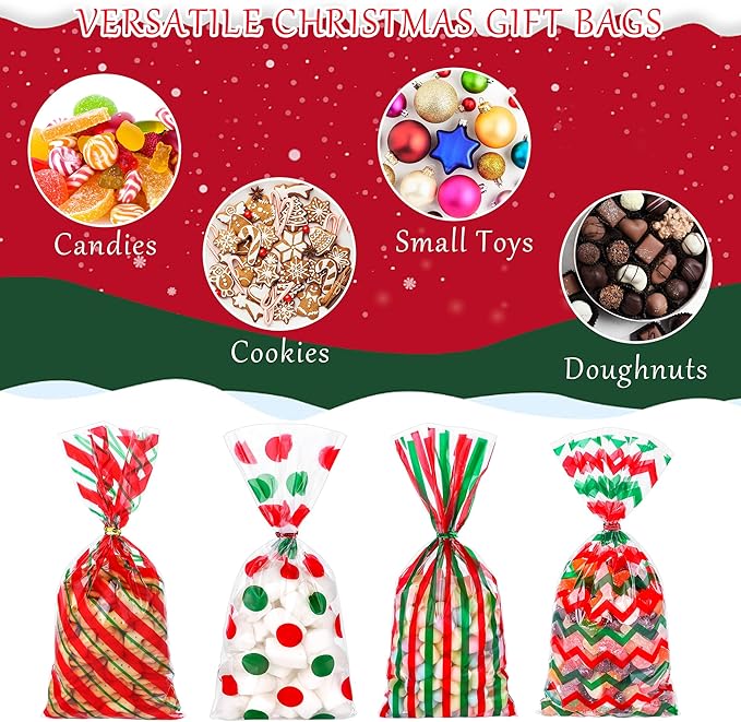 Aneco 100 Pack Christmas Cellophane Bags Classic 10.6 x 5.1 Inch Red Green Plastic Candy Bags Gift Goodie Bag with Twist Ties for Christmas Birthday Gift Cookie Snack Packing Party Favor Supplies