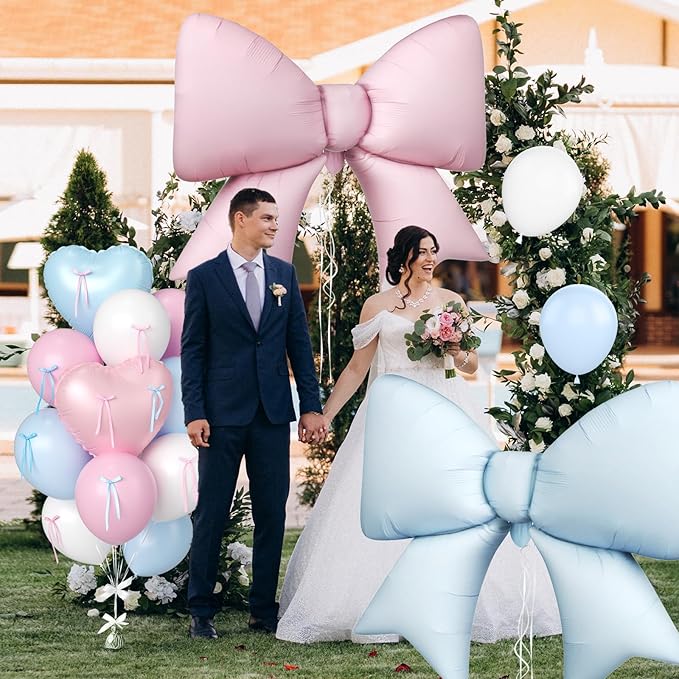Gender Reveal Balloons, Pink and Blue Heart Balloons 38 Inch Bow Balloon, Baby Blue Light Pink White Balloon for Boys Girls Birthday Wedding Bridal Baby Shower Valentine Gender Reveal Decorations
