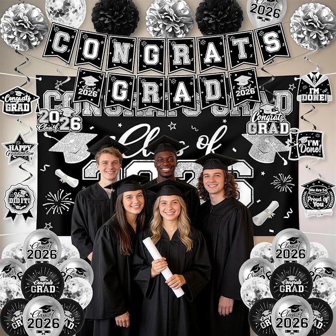Black and Silver Graduation Decorations 2026 Set, All-in-1 Kit with Congrats Grad Banner Class of 2026 Backdrop Porch Sign Balloons Centerpieces Card Box Pom Poms Streamers for College High School