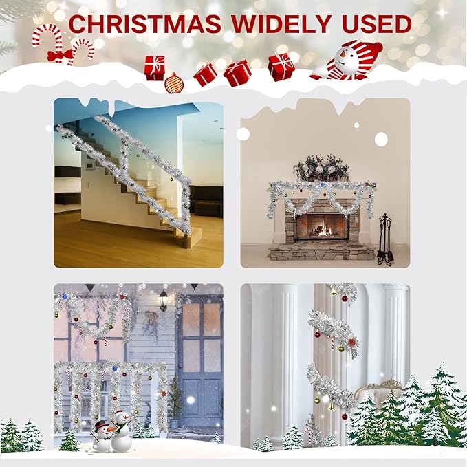 4 Pack Silver Tinsel Garland - 200Ft Metallic Hanging Tinsel for Christmas Tree, Home & Party Decorations Indoor/Outdoor