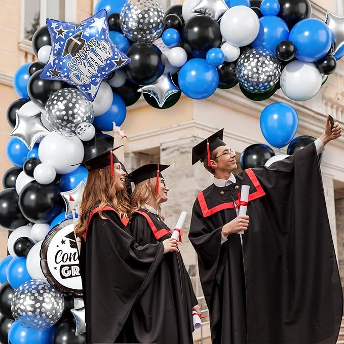 Graduation Balloon Arch Kit, 2025 Blue Black Party Decorations, Graduation Balloon Garland Party Decorations with Congrats Grad Hat Star Balloons for 2025 Grad Prom Supplies