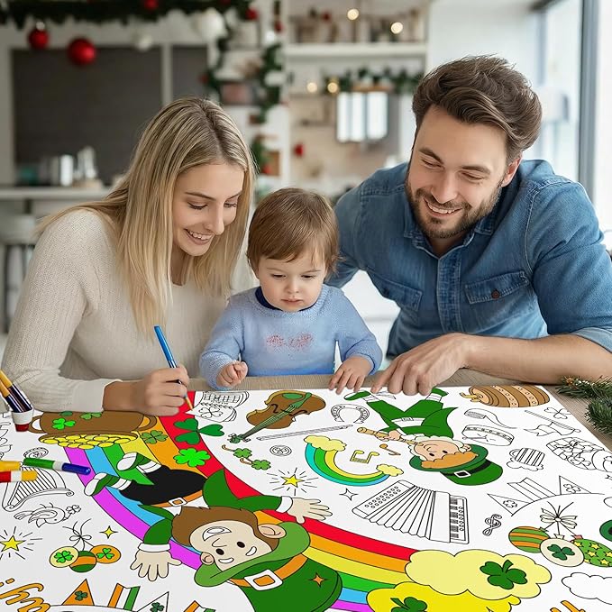 Labeol St Patricks Day Decorations Coloring Tablecloth for Kids Giant Coloring Poster Banner St Patricks Day Crafts Gifts for Kids Party Decor