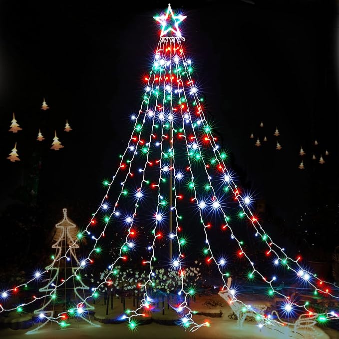 BlcTec Outdoor Christmas Lights 344 LED Christmas Star Lights with 9 Strands 11.9ft Waterfall Tree Lights, 8 Modes, Waterproof & Timer for Garden Yard Patio Outdoor Xmas Decorations，Red Green White