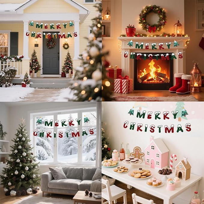 Merry Christmas Banner Indoor, Pre-Strung Mantle Christmas Decor, Buffalo Plaid Xmas Banner with Tree, Merry Xmas Sign for Winter New Year Party Fireplace Hanging Sign Supplies