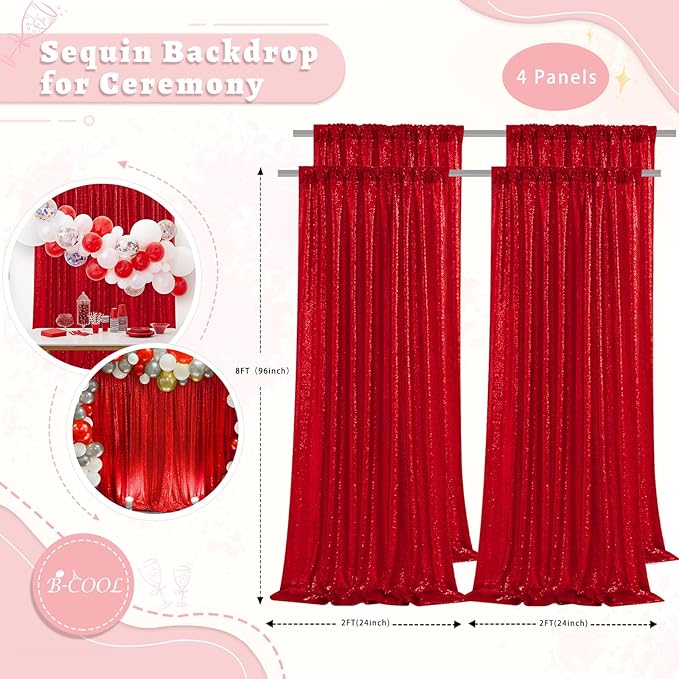 B-COOL 4 Panels 2ftx8ft Red Valentines Backdrop Sequin Backdrop Curtain Drapes Fabric for Ceremony Wedding Holiday Birthday Party Photography Decorations