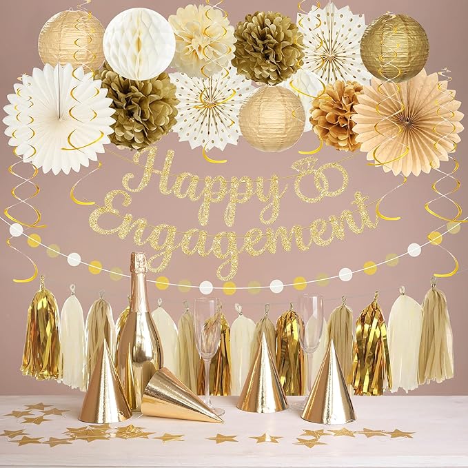 Roetyce Engagement Party Decorations, Gold Glitter Happy Engagement Banner, Almost Married/Just Engaged Photo Background, Congratulations Wedding Bachelorette Backdrop Decor