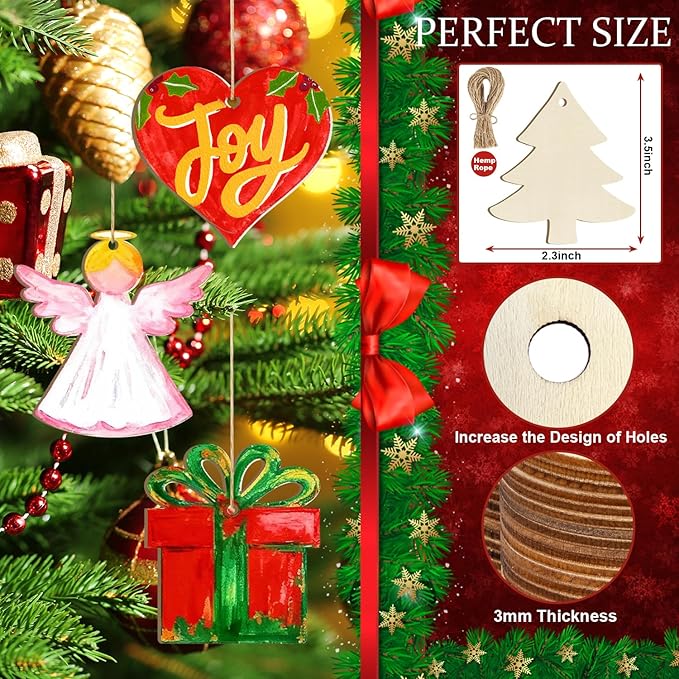 36PCS Wooden Christmas Ornaments to Paint, 12 Styles DIY Blank Unfinished Wood Reindeer Santa Claus Christmas Tree Ball Snowman Snowflake Angel Cutouts Ornament for Crafts Winter Hanging Decorations