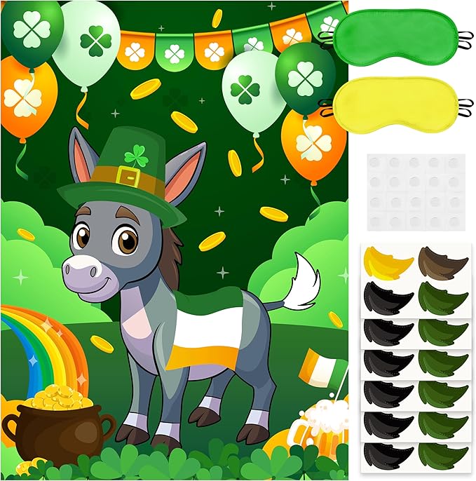 St. Patrick’s Day Pin the Tail On the Donkey Game Large Poster with 24 Pcs Stickers Blindfolds Fun Classroom Activity for Irish St. Patrick’s Day Carnival Birthday Party Decorations Wall Decor