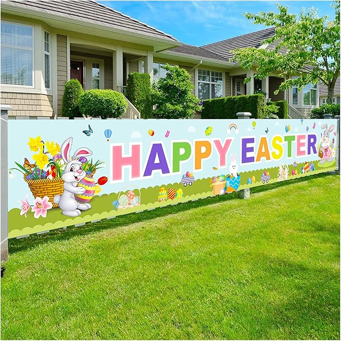 Happy Easter Banners Easter Banners for Outside Garden, Large Long Spring Bunny Banner Egg Hunt Decorations Butterfly Flower for Indoor Easters Theme Party Rustic Lawn Sign