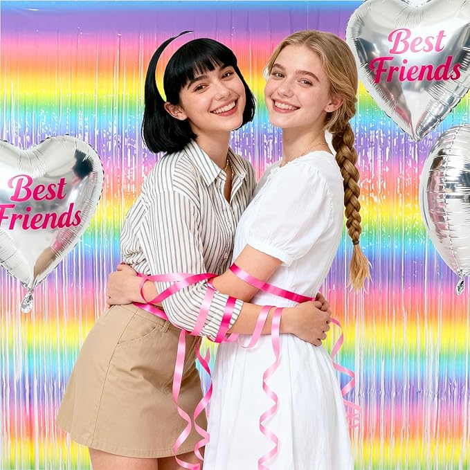 5 Pcs Rainbow Foil Fringe Curtains Backdrop (3.28 x 6.56 ft) with Tablecloth - Streamers Party Decorations for Birthday, Wedding, Baby Shower, Bachelorette, Christmas & Holiday Celebrations