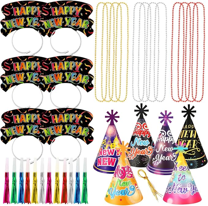HOWAF Colorful New Years Eve Party Supplies 2026, Pack of 36 Happy New Year Decorations 2026 Kit, Happy New Year Headband New Years Eve Hats Noisemaker Bead Necklaces for NYE Party Favors