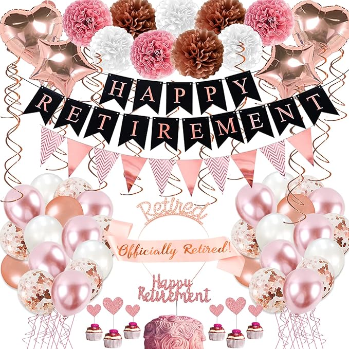 Rose Gold Retirement Party Decorations, 63 Pcs Retired Party Decorations for Women Happy Retirement Banner Hanging Swirls Foil Balloon Cake Toppers Retired Sash Retired Parties Supplies