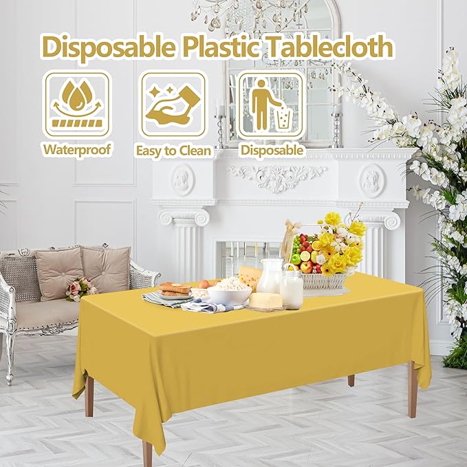 12 Pack Black and Gold Plastic Tablecloths, 54 x 108 Inch Disposable Rectangle Waterproof Table Covers for Graduation Birthday Wedding Party Decorations