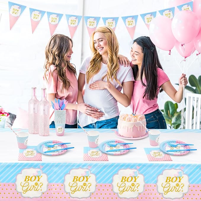Gender Reveal Party Tableware Set - 114 Pcs Boy or Girl Paper Plates Cups Napkins Straws Tableware Set Tablecloth Banner Tableware Supplies Baby Shower Decorations