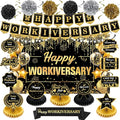 Black Gold Happy Workiversary Decorations Happy Work Anniversary Banner Honeycomb Centerpieces Hanging Swirls Tissue Paper Pompoms Sash Set for Men Women Office Employee Appreciation Party Supplies