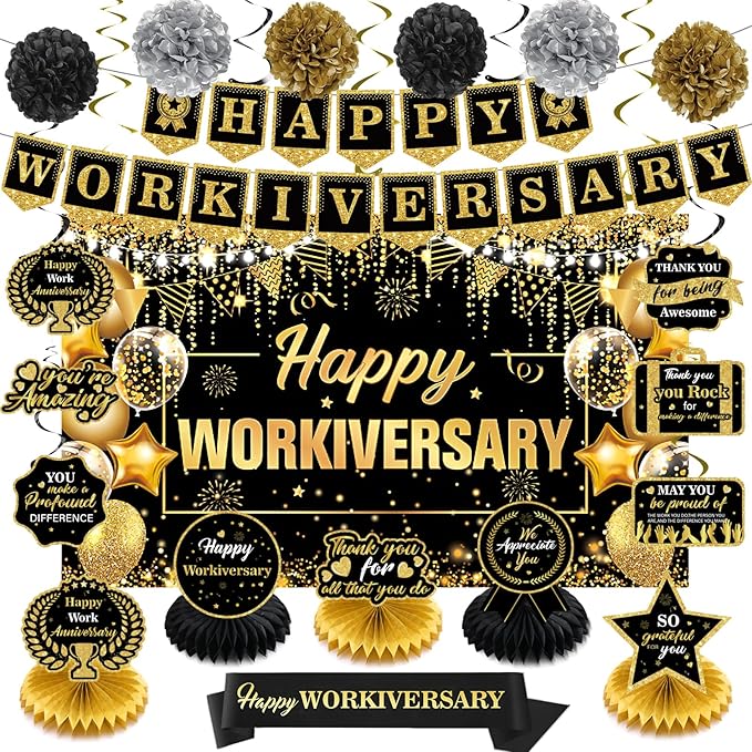 Black Gold Happy Workiversary Decorations Happy Work Anniversary Banner Honeycomb Centerpieces Hanging Swirls Tissue Paper Pompoms Sash Set for Men Women Office Employee Appreciation Party Supplies