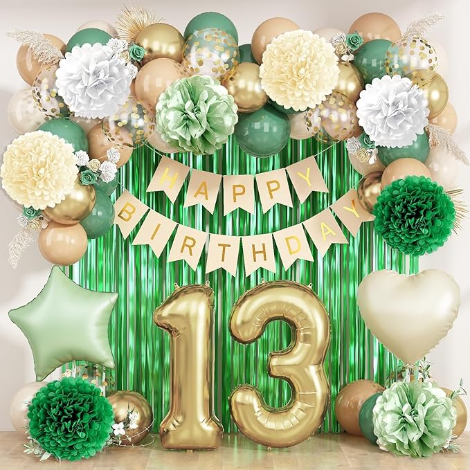 Sage Green 13th Birthday Decorations for Boys Girls Gold Number 13 Balloon Nude Gold Happy Birthday Banner Fringe Curtain Paper Pom Poms Olive Green Cream White Sand Star Foil Balloons Party Decor