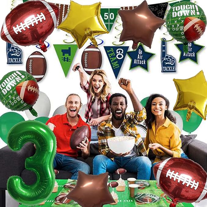 Football Balloons Foil Football Birthday Decorations Balloons Green Number 3 Balloon Gold Brown Star Touchdown Ballons for Rugby Birthday Decorations Sports Ballons Arch Kits Party Balloon Sets 9pcs