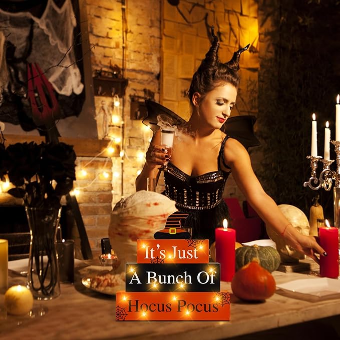 Halloween Wooden Block Sign with Led Lights- Halloween Indoor Decorations Witch Light up Wood Sign Decor for Table Mantle- Halloween Festive Haunted House Farmhouse Home Tabletop Tiered Tray Decor