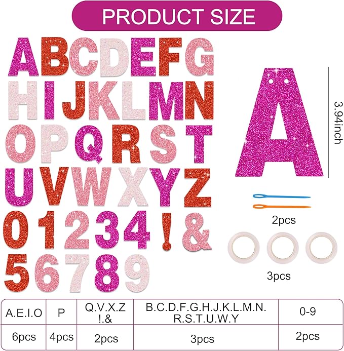 BEISHIDA 116 PCS A-Z DIY Letter Banner Kit Make Your Own Banner Glitter Red Pink Including 111 Letters and Numbers 3 Rope and 2 Threading Device,Customized for Birthday Graduation Wedding Party Decor