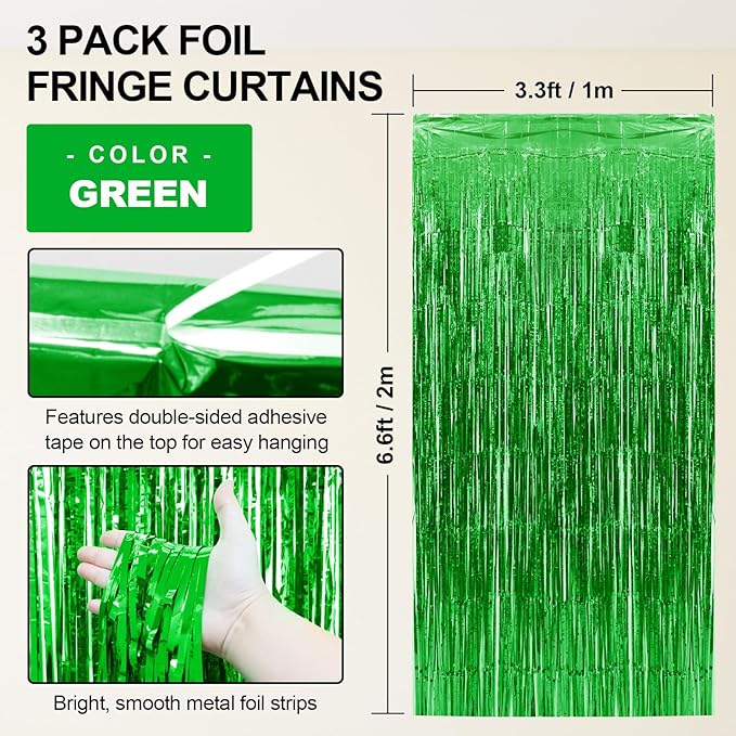 Homiest 3 Pack Green Tinsel Backdrop, 3.3x6.6 FT Metallic Tinsel Foil Fringe Curtains Party Decorations, Birthday Door Streamers for Baby Shower Wedding, Photo Booth Props Background Wall Decor