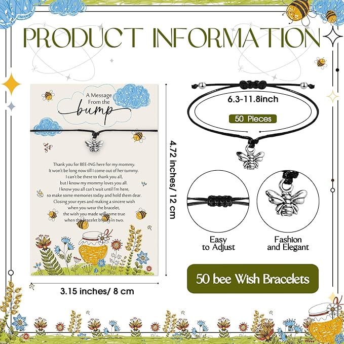 Thyle Baby Shower Favors for Guests Adjustable Bracelets with Message from the Bump Card Footprints Charm Baby Shower Bracelets for Gender Reveal Thank You Gifts(50 Set,Nature)