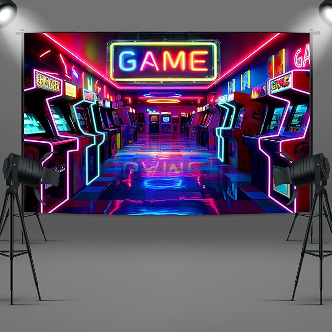 Imirell Arcade Game Neon Backdrop 5Wx3H Feet Colorful Retro Gaming Gamer Themed Modern Video Game Room Playroom Cool Polyester Fabric Boys Photography Backgrounds Photo Shoot Decor Props Decoration