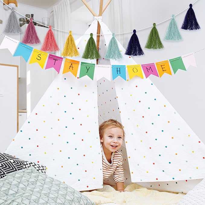 Irenare 9.8ft Pom Pom Garland Felt Rainbow Garland Graduation Party Decoration Colorful Pennant Tassel Banner Birthday Baby Shower Triangle Banner for Classroom School Mantel Fireplace(Bright Color)