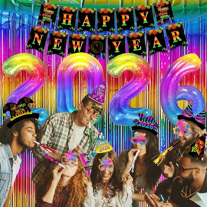 New Years Eve Party Supplies 2026 New Year Party Decorations Happy New Year Banner 2026 Foil Balloons Colorful Fringe Curtain Glasses Headbands Hats Noisemakers Wrist Wreaths New Year's Party Favors