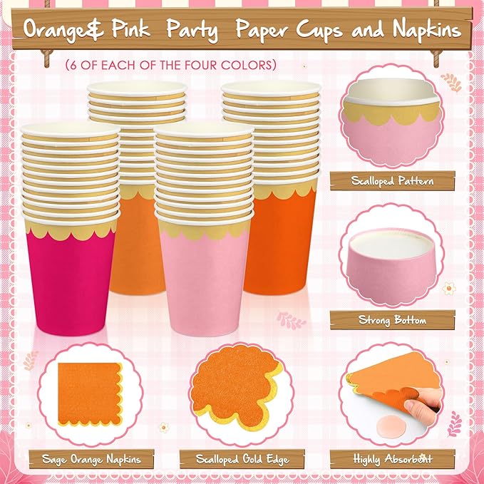 Mimorou 169 Pcs Pink and Orange Plates and Napkins Party Supplies for Guests Hot Pink Orange Tableware Include Scalloped Plates Paper Napkin Cup Spoon Fork Knife for Baby Shower, Wedding, Birthday