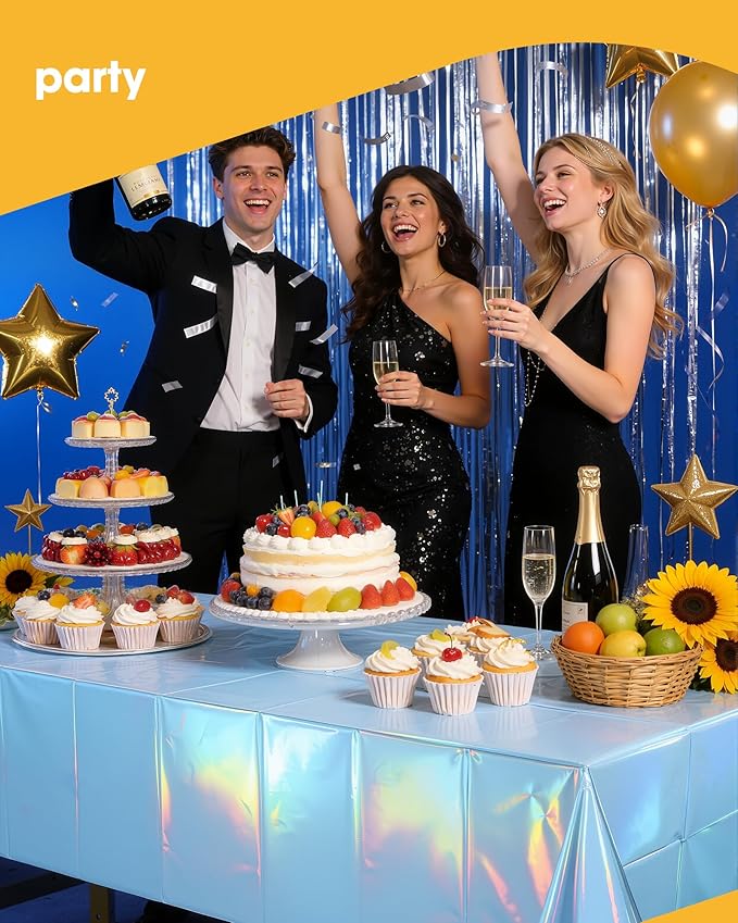 Iridescent Blue Plastic Table Cloth - 4 Pack 54" × 108" Rectangle Disposable Tablecloths for 6FT Tables, Table Cover for Party, Holiday & Gathering Use