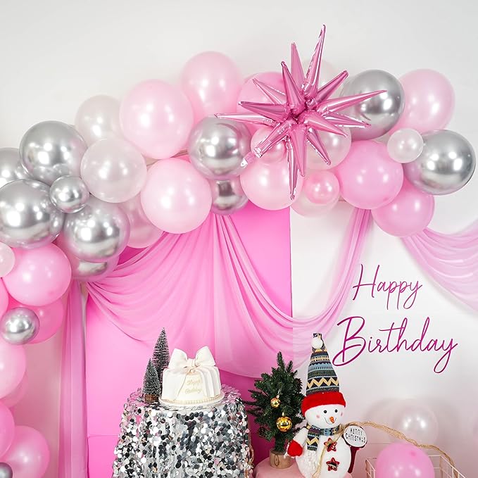 Christmas Balloon Arch Kit, Pink and White Silver Balloons Garland Arch with Double Pearl White Pink Balloons, Candy Cane Windmill Star foil Balloon for Christmas New Year Winter Decorations