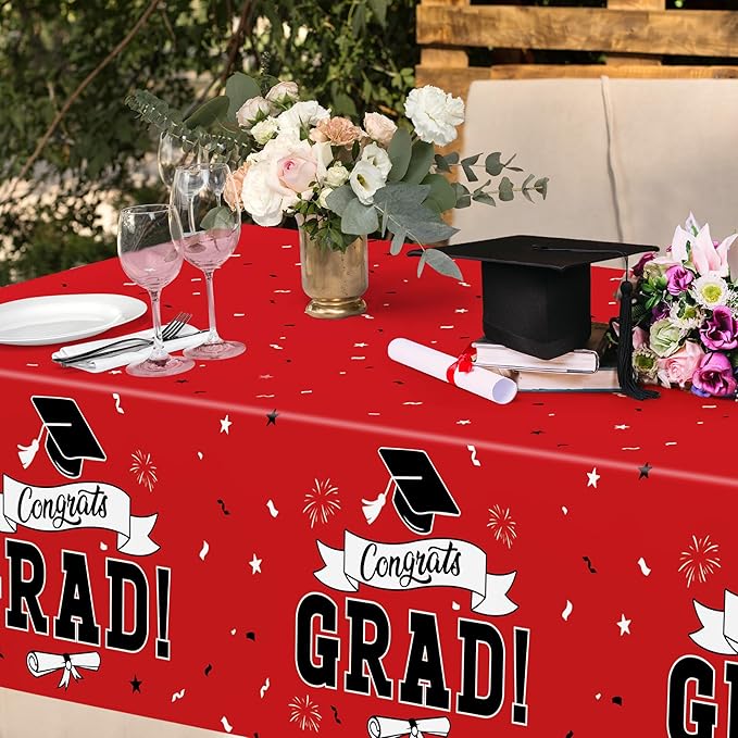 QZYL 2 PCS Graduation Tablecloth, 108" X 54" Red Graduation Table Decorations 2026, Disposable Plastic Tablecover for Grad Decor Party Supplies, Rectangle Table Cloths for Class 2026 Congrats Grad