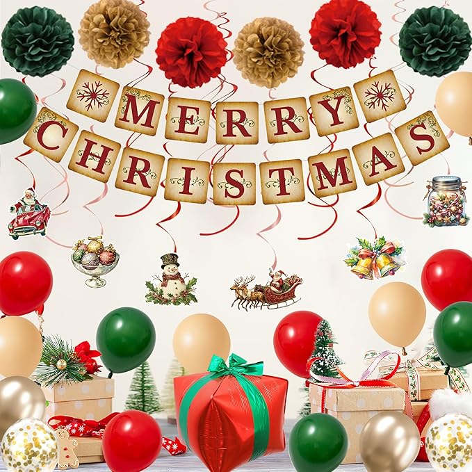 Roetyce Christmas Party Decorations, Vintage Merry Christmas Banner Balloons Hanging Swirls Kit Indoor Outdoor, Funny Home Xmas Party Supplies Photo Backdrop Background
