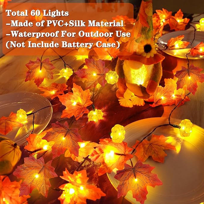 3Pack&Timer-Fall Decor Fall Garland with Pumpkin Lights Fall Decorations for Home, 30Ft 60LED Garland Lights Patented Enlarged Maples Leaf Battery Operated Indoor Outdoor Thanksgiving Halloween Decor