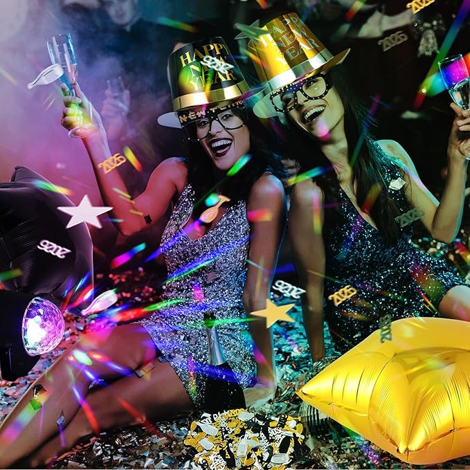 Junkin 402 Pcs New Years Eve Party Supplies 2026 Kit for 120 Guests Include Hats Glasses Blowouts Trumpet Balloons Banners Fringe Curtain Ambient Lights New Years Decorations Party Favors