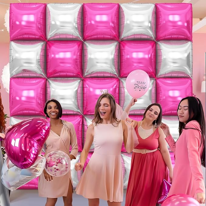 Hot Pink Silver Square Foil Balloons Wall, 25PCS Double Sided Chrome Silver and Pink Balloons Tunnel Arch Kit Backdrop for Girls Birthday Party Princess Graduation Galentines Valentines Decorations