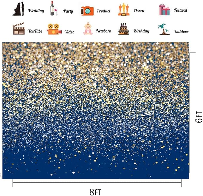 CHAIYA 8X6FT Royal Blue Glitter Backdrop With Gold Spots Bokeh for Birthday, Wedding, Prom, Graduation Photography Background
