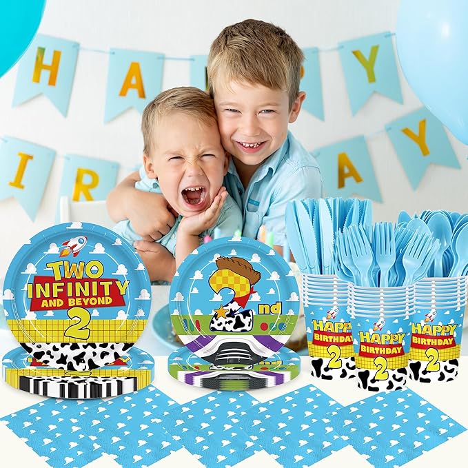 168Pcs Cartoon Story 2nd Birthday Paper Plates Napkins Disposable Tableware Set Two Years Old Birthday Party Supplies for Boys Birthday Party Serve 24 Guests