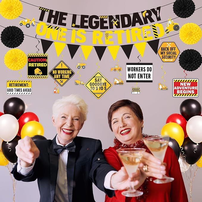 44Pcs Retirement Party Decorations Kit Legend Retired Banner Hanging Swirls Balloons Cake Topper Retire Decor Set for Women Men Coworker Family Celebration