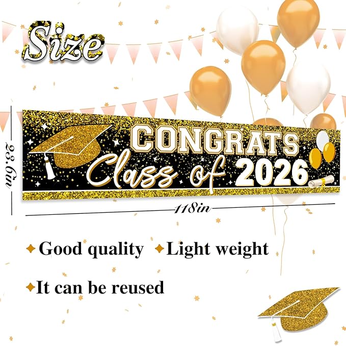 Large Congrats Grad Banner Gold Class of 2026 Banner Backdrop Graduation 2026 Yard Sign for Graduation Party Supplies Graduation Decorations 2026 (Gold)