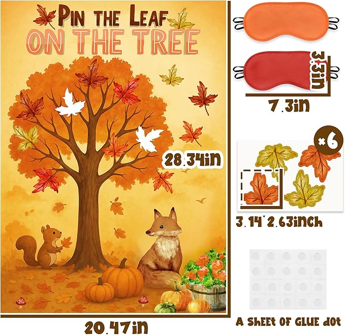 Pin the Leaf On the Tree Game Poster with 24 Pcs Maple Leaves Stickers Fun Fall Thanksgiving Pumpkin Harvest Seasonal Holiday Party Activity Decorations Supplies for Halloween Autumn Festival Birthday