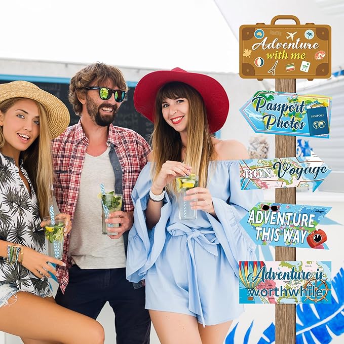 20 Pieces Travel Party Signs Travel Themed Party Decorations Let The Adventure Begin Sign Around the World Decorations Bon Voyage Party Wall Door Porch Yard Sign Travel Party Supplies
