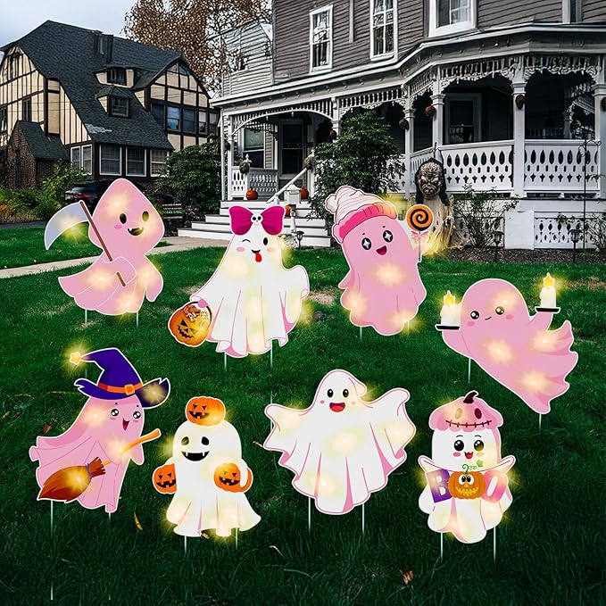 Amyhill 8 Pcs Lighted Cute Ghost Yard Signs Halloween Decorations Outdoor Yard Stakes Spooky Pumpkin Ghost Witch Garden Signs with Stakes for Halloween Happy Boo Party Lawn Patio Outdoor(Pink)