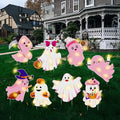 Amyhill 8 Pcs Lighted Cute Ghost Yard Signs Halloween Decorations Outdoor Yard Stakes Spooky Pumpkin Ghost Witch Garden Signs with Stakes for Halloween Happy Boo Party Lawn Patio Outdoor(Pink)