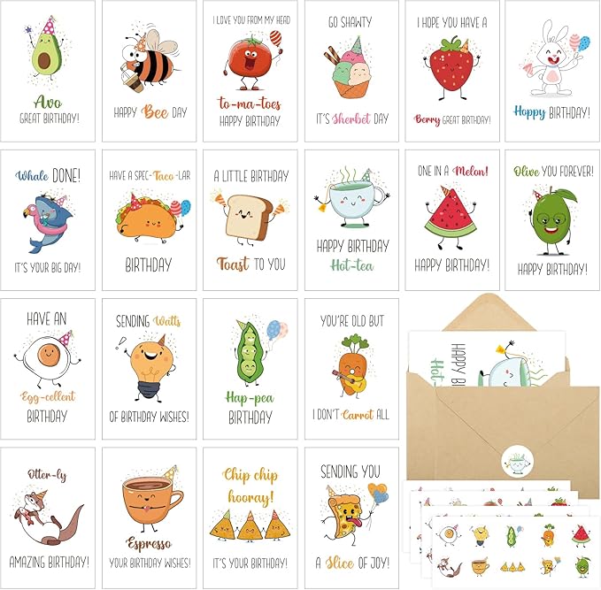 40 Birthday Cards with Envelopes & Stickers Set, 4"x6" Funny Bulk Birthday Card 20 Unique Designs Cute Handmade Greeting Card for Kids, Women, Friends, Family, Work & Office