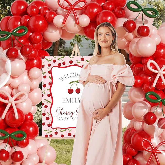 JOGAMS Cherry Balloon Arch Kit,184Pcs Red and Pink Balloon Arch Kit with 260 Long Clear Balloons for Cherry On Top Baby Shower Birthday Bridal Shower Wedding Valentine's Galentine's Day