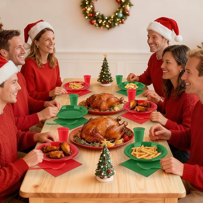 Christmas Plastic Plates and Napkins Set, Disposable 9'' Red and Green Dinner Party Plate and Cups and Napkins Set for 50 Guests, Dinnerware Sets for Christmas, Birthday,Wedding, BBQ