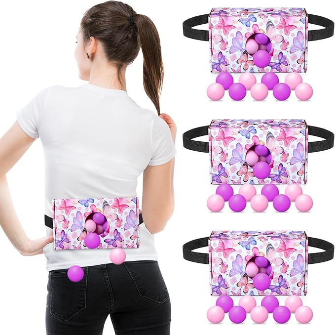 4 Sets Spring Party Games Pink Purple Butterfly Shake Box, 4 Adjustable Belts and 80 Balls, Swing Shaking Balls Set for Adults Tea Garden Outdoor Indoor Group Party Game